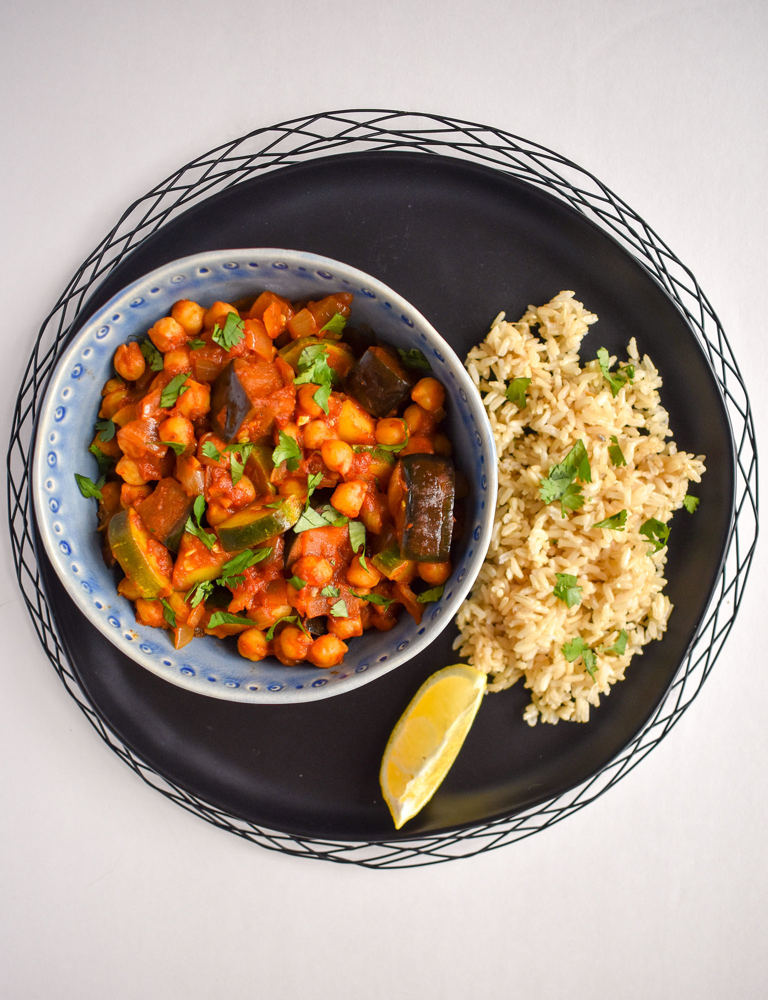 Chana masala with eggplant and zucchini and a side of rice- 3 summer ingredients and 3 meals.